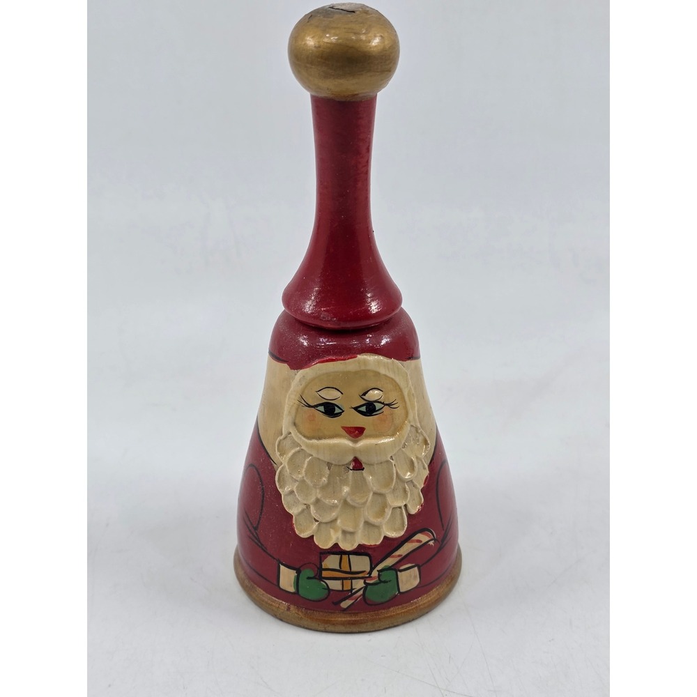 Vintage Wooden Santa Claus Hand Painted Christmas Bell Folk Art Red Gold 5.5"